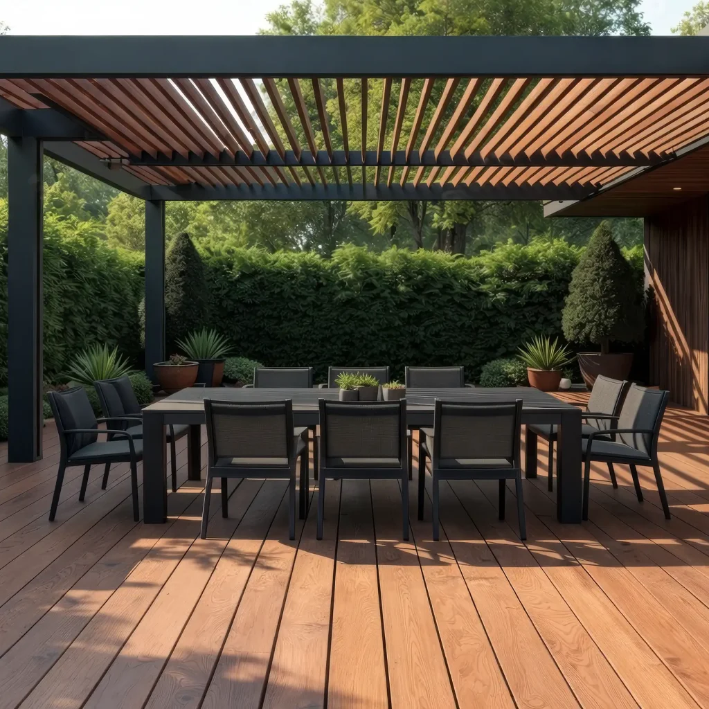 Espace extérieur contemporain sur terrasse en bois